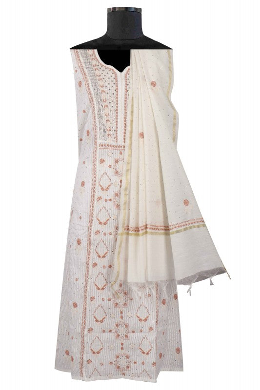 Ada Hand Embroidered Cream Chanderi Lucknowi Chikankari Unstitched Anarkali Kurta Dupatta Set With Muqaish Work 01A138198