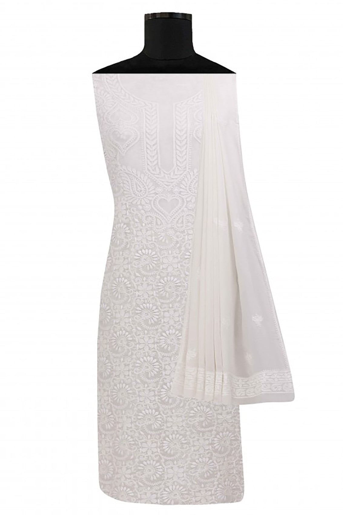 Ada Hand Embroidered White Pure Georgette Lucknowi Chikankari Unstitched Kurta Dupatta Set A593629