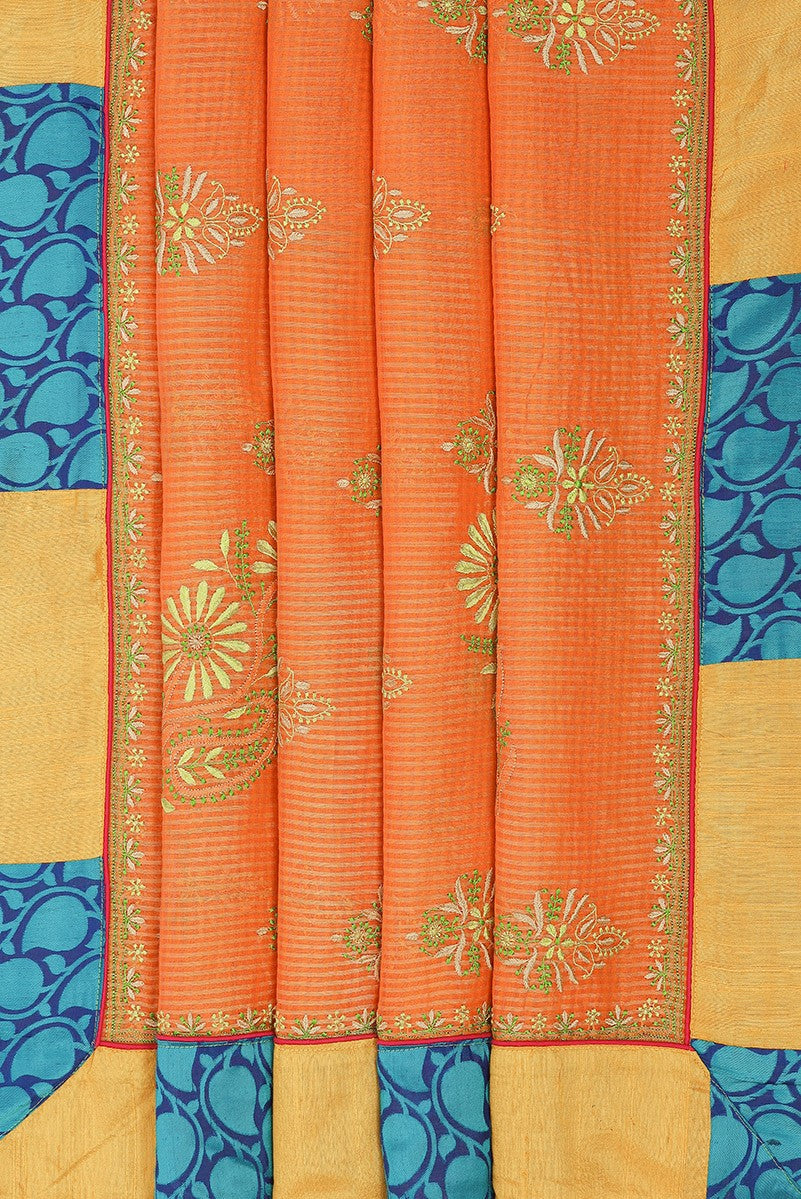 Ada Hand Embroidered Orange Kota Lucknowi Chikankari Saree With Blouse A56516