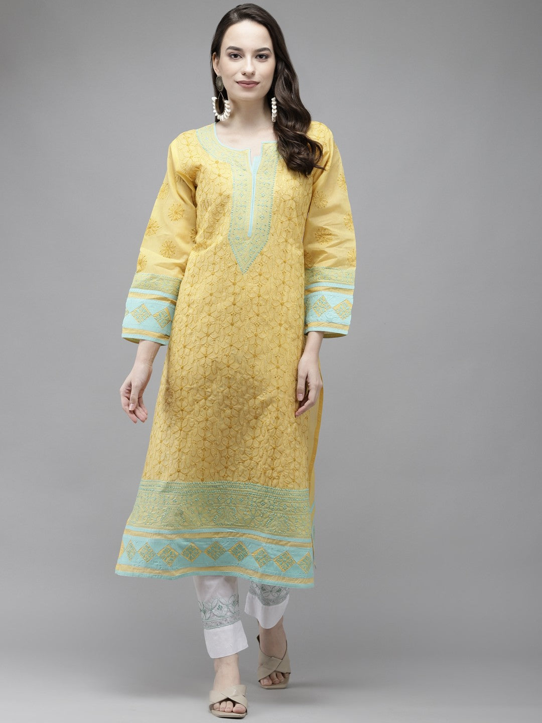 Ada Hand Embroidered Yellow Cotton Lucknow Chikan Kurta- A273547
