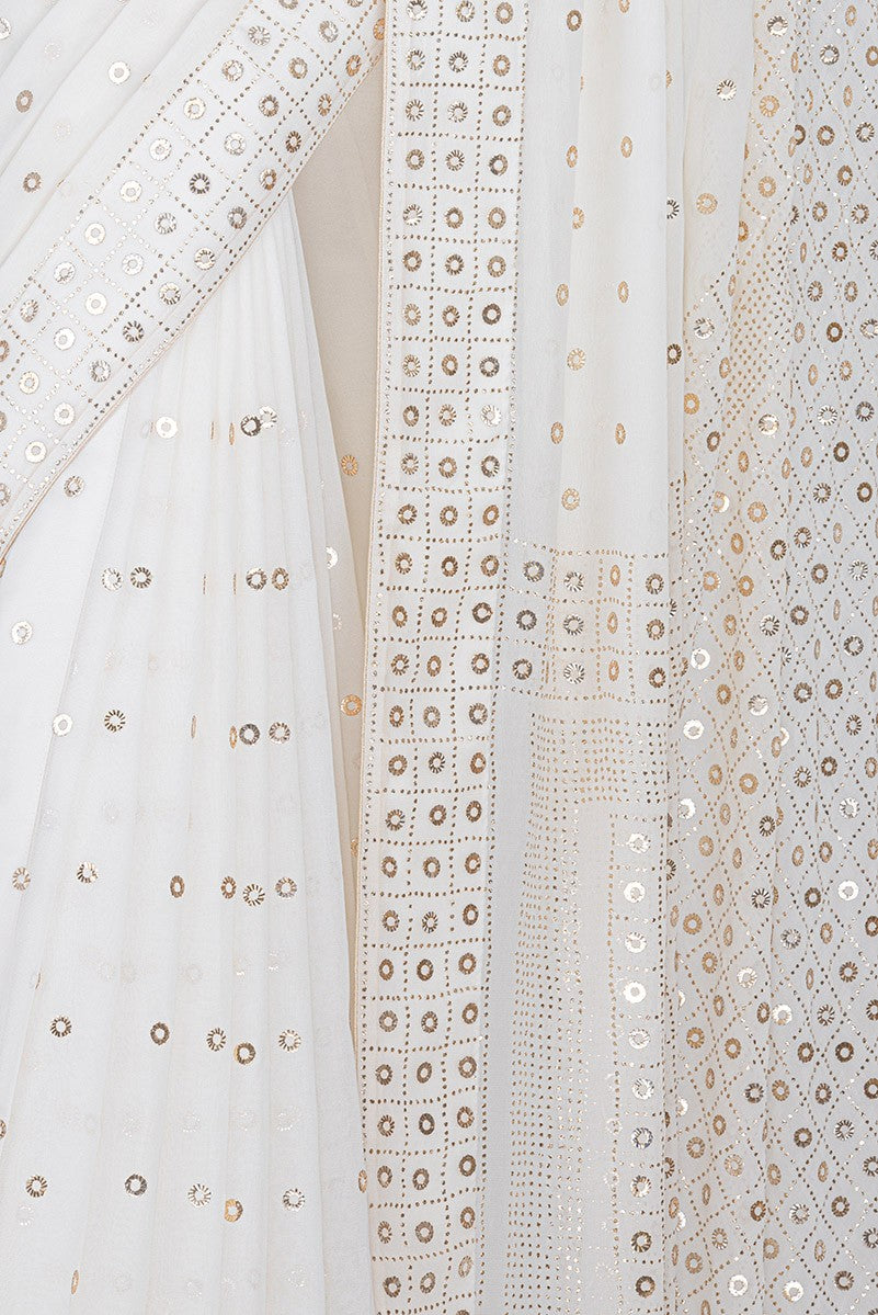 Ada Hand Embroidered White Pure Georgette Lucknowi Chikankari Saree /Blouse With Muqaish Work- A621525