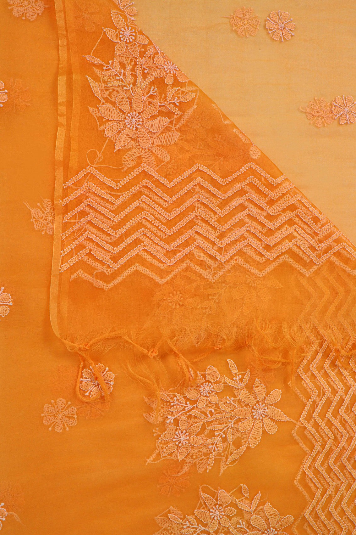 Ada Hand Embroidered Orange Chanderi Lucknowi Chikankari Dupatta A604870