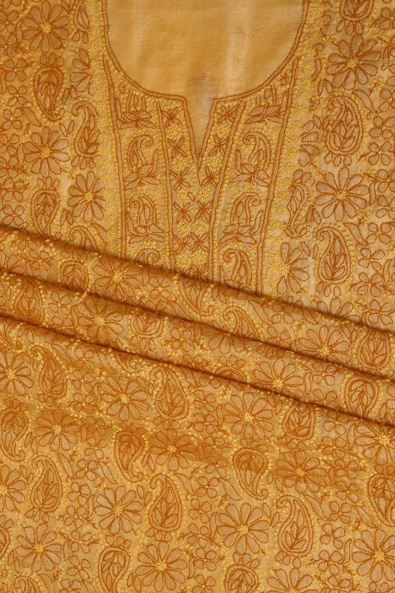 Ada Hand Embroidered Mustard Tusser Silk Lucknowi Chikan Unstitched Suit Piece-A508216