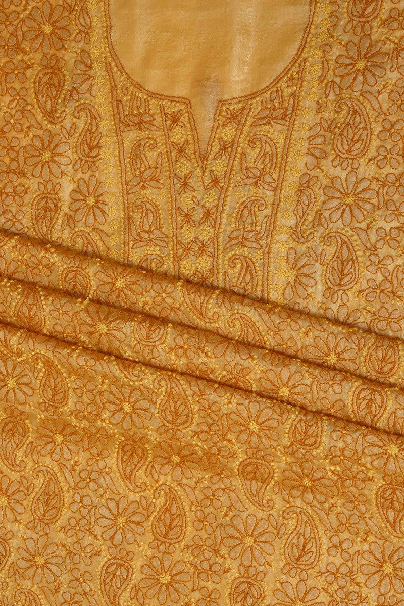 Ada Hand Embroidered Mustard Tusser Silk Lucknowi Chikan Unstitched Suit Piece-A508216