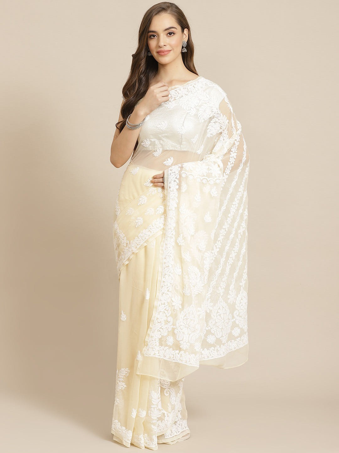 Ada Hand Embroidered Fawn Georgette Lucknow Chikan Saree with Blouse A311299