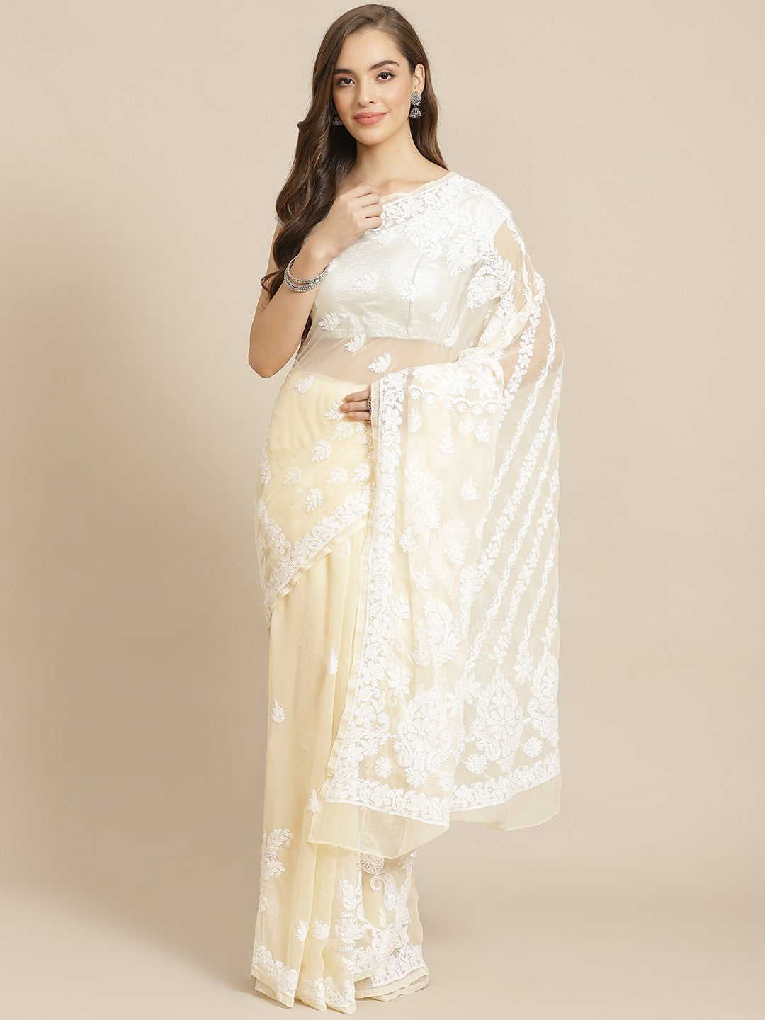Ada Hand Embroidered Fawn Georgette Lucknow Chikan Saree with Blouse A311299