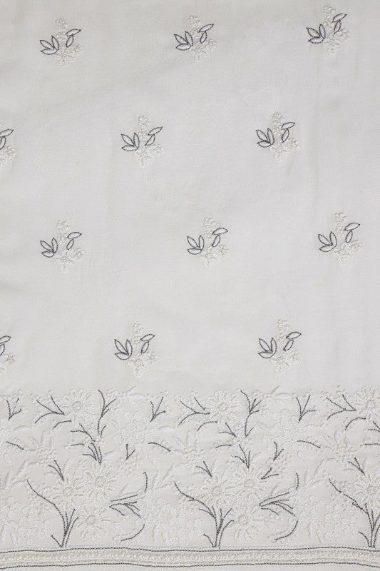 Ada Hand Embroidered White Pure Georgette Lucknowi Chikan Unstitched Kurta Dupatta Set With Pearl Work- A199028