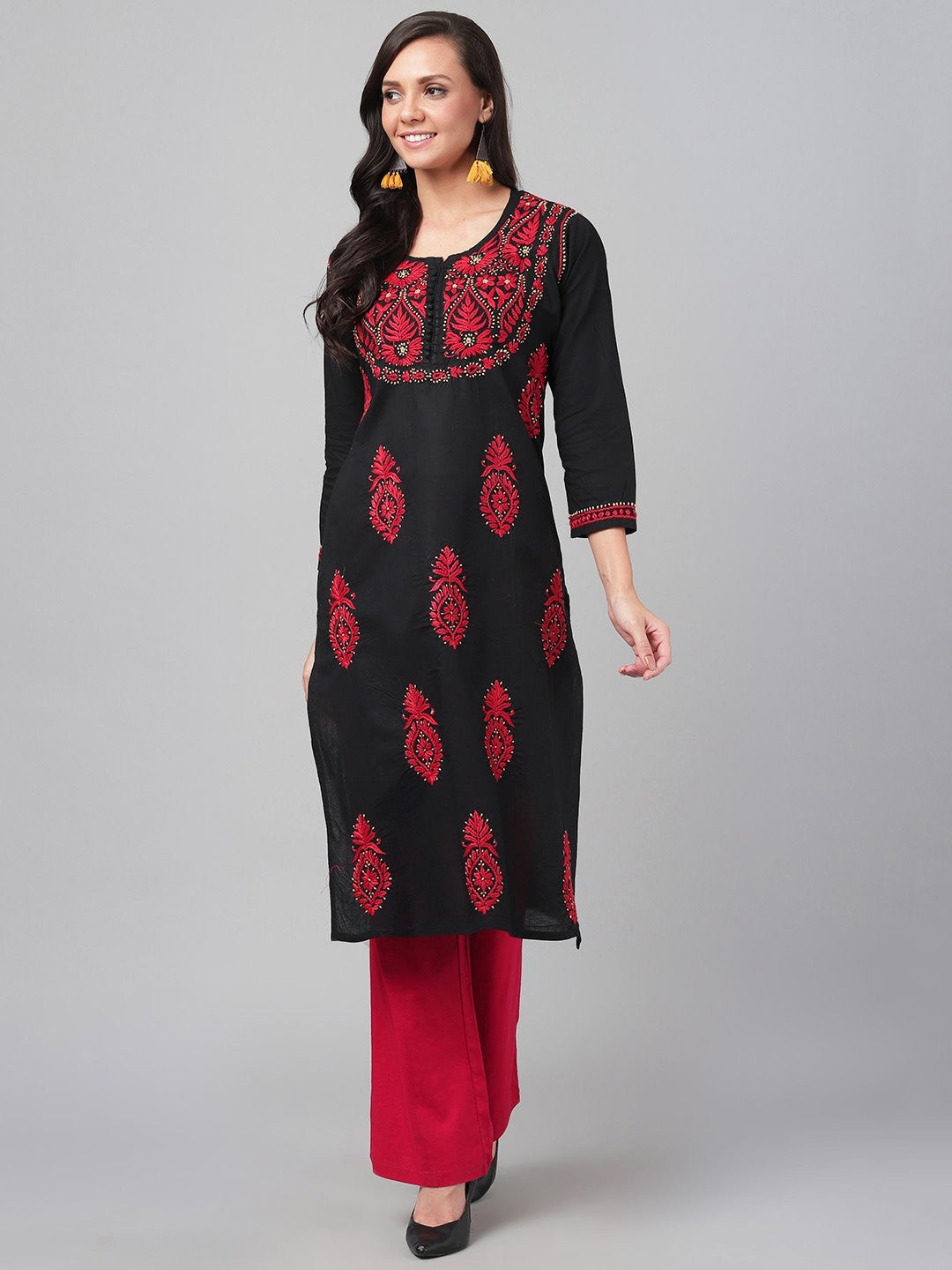 Ada Hand Embroidered Black Cotton Lucknowi Chikankari Straight Kurta A373637