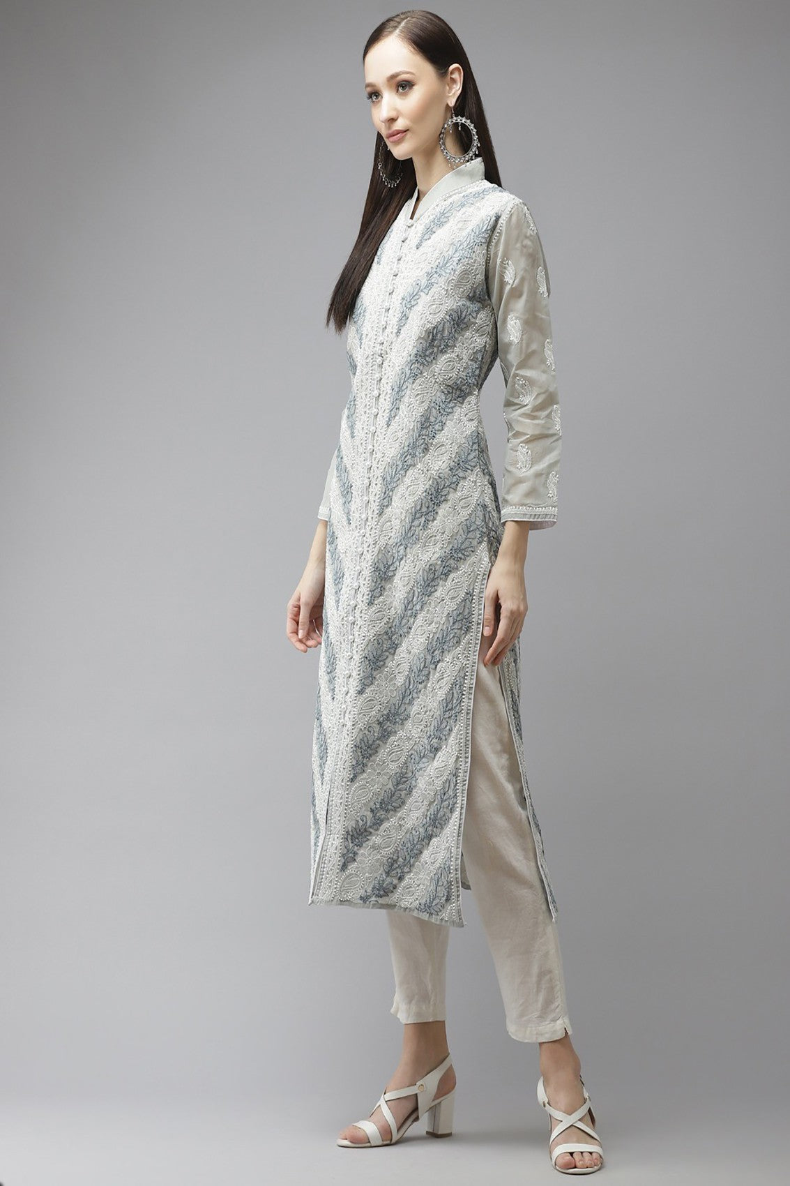 Ada Hand Embroidered Grey Cotton Lucknow Chikan Straight Kurta  A411320
