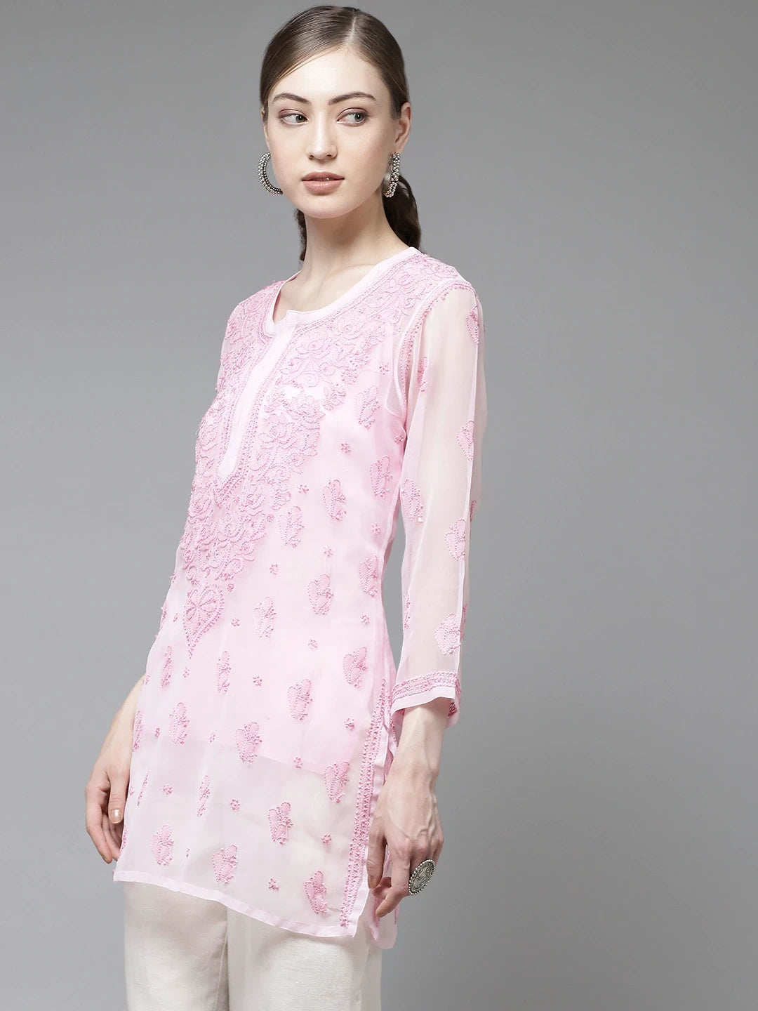Ada Hand Embroidered Pink Georgette Lucknow Chikan Kurti With slip-A911138