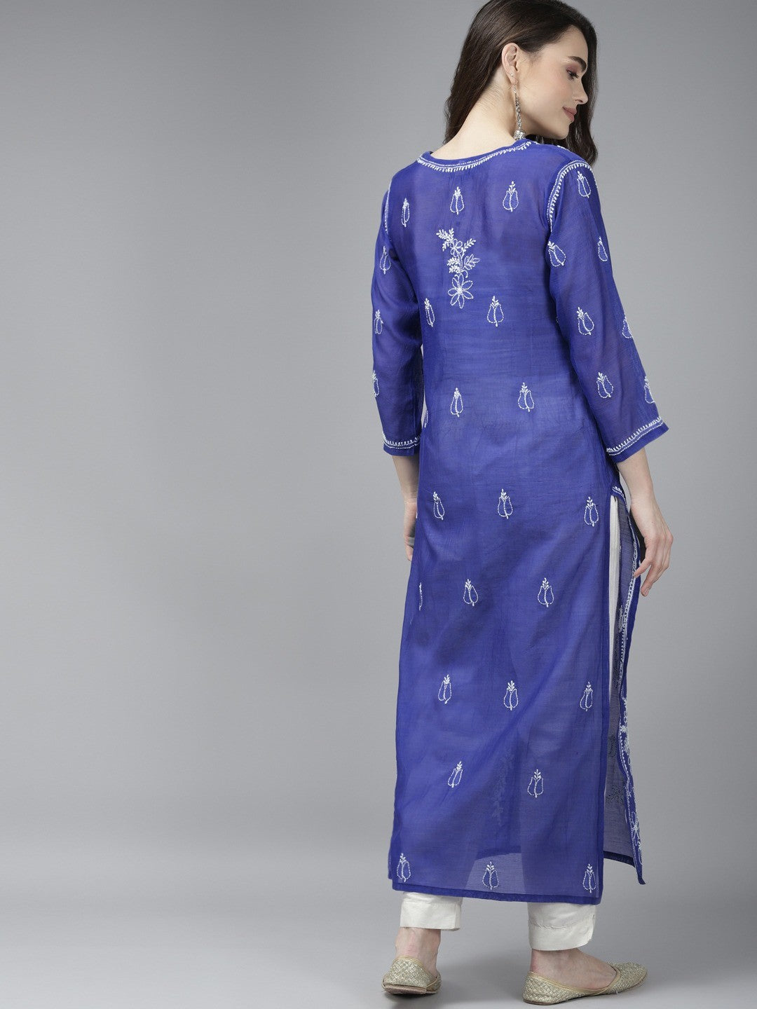 Ada Hand Embroidered Royal Blue Chanderi Lucknow Chikankari Kurta A411372