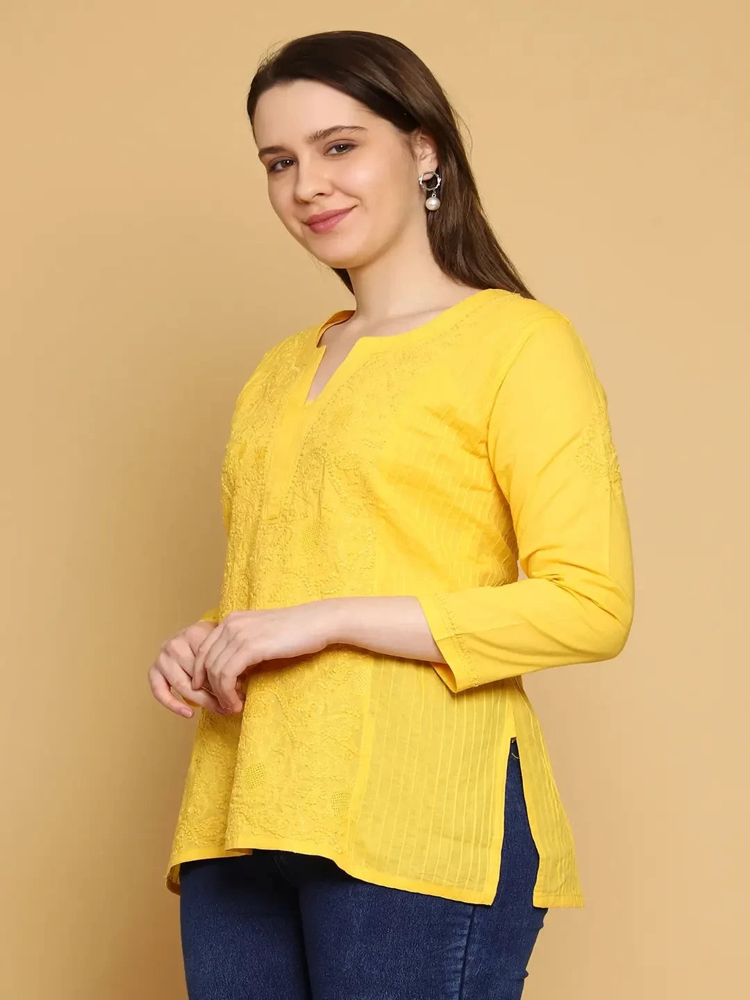 Ada Hand Embroidered Yellow Cotton Lucknowi Chikankari Straight Kurti A911309