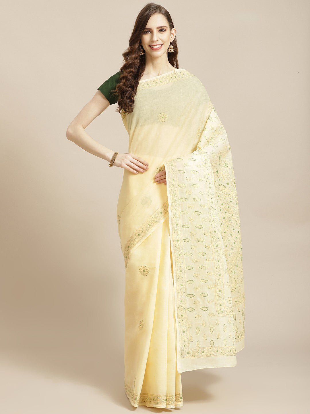 Ada Hand Embroidered Beige Cotton Lucknow Chikan Saree With Blouse A311203