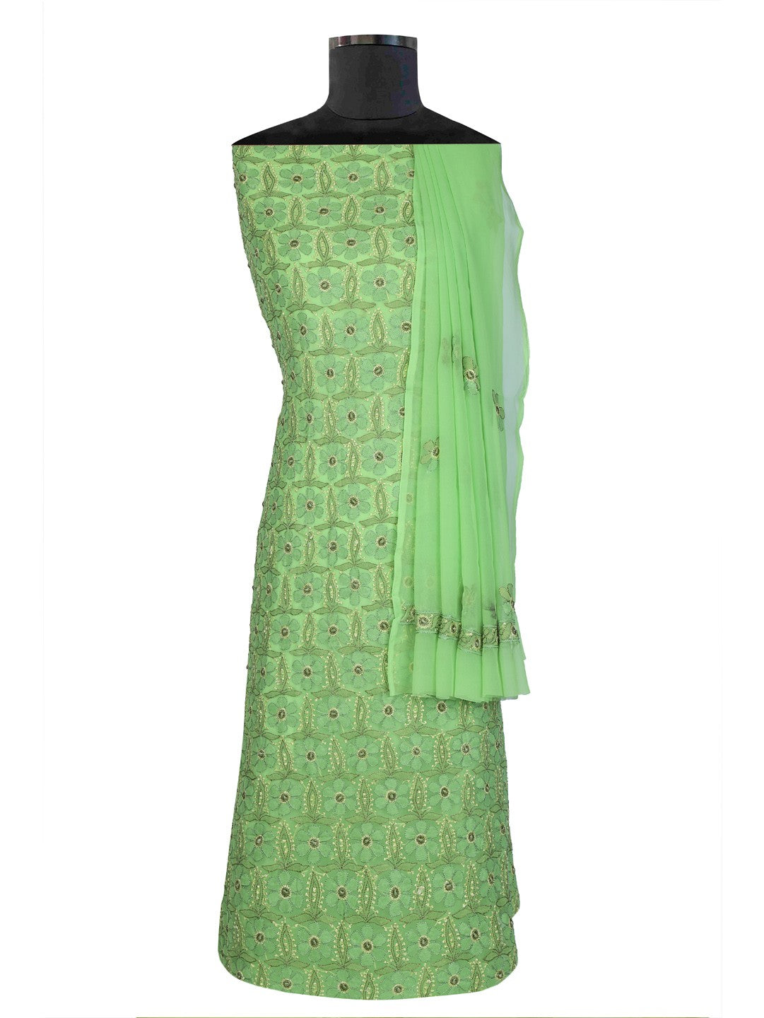 Ada Hand Embroidered Parrot Green Georgette Lucknowi Chikankari Unstitched Suit Piece A593486