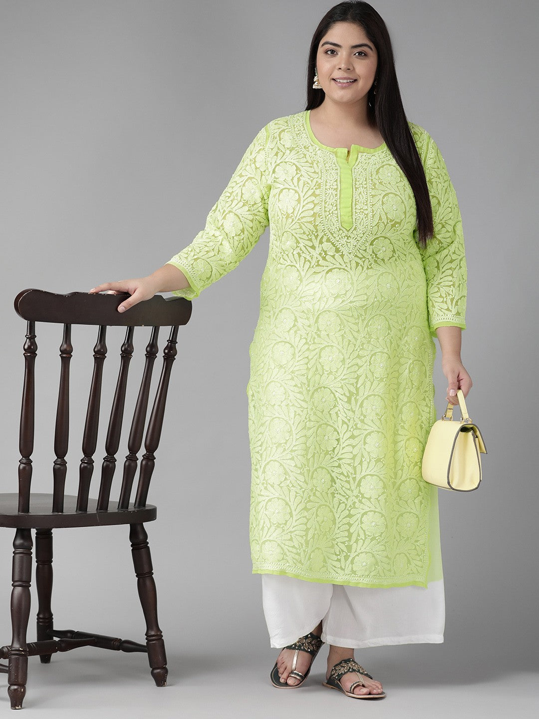 Ada Hand Embroidered Green Georgette Lucknowi Chikankari Straight Kurta A105281