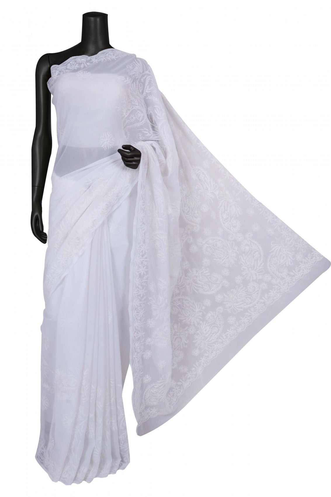 Ada Hand Embroidered White Georgette Lucknowi Chikankari Saree With Blouse A119578