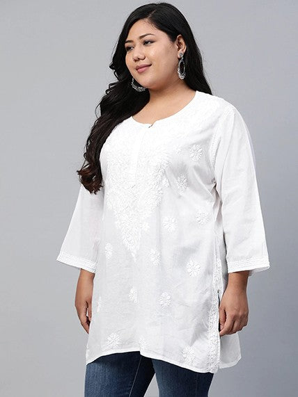 Ada Hand Embroidered White Cotton Lucknowi Chikankari Short Kurti A359765