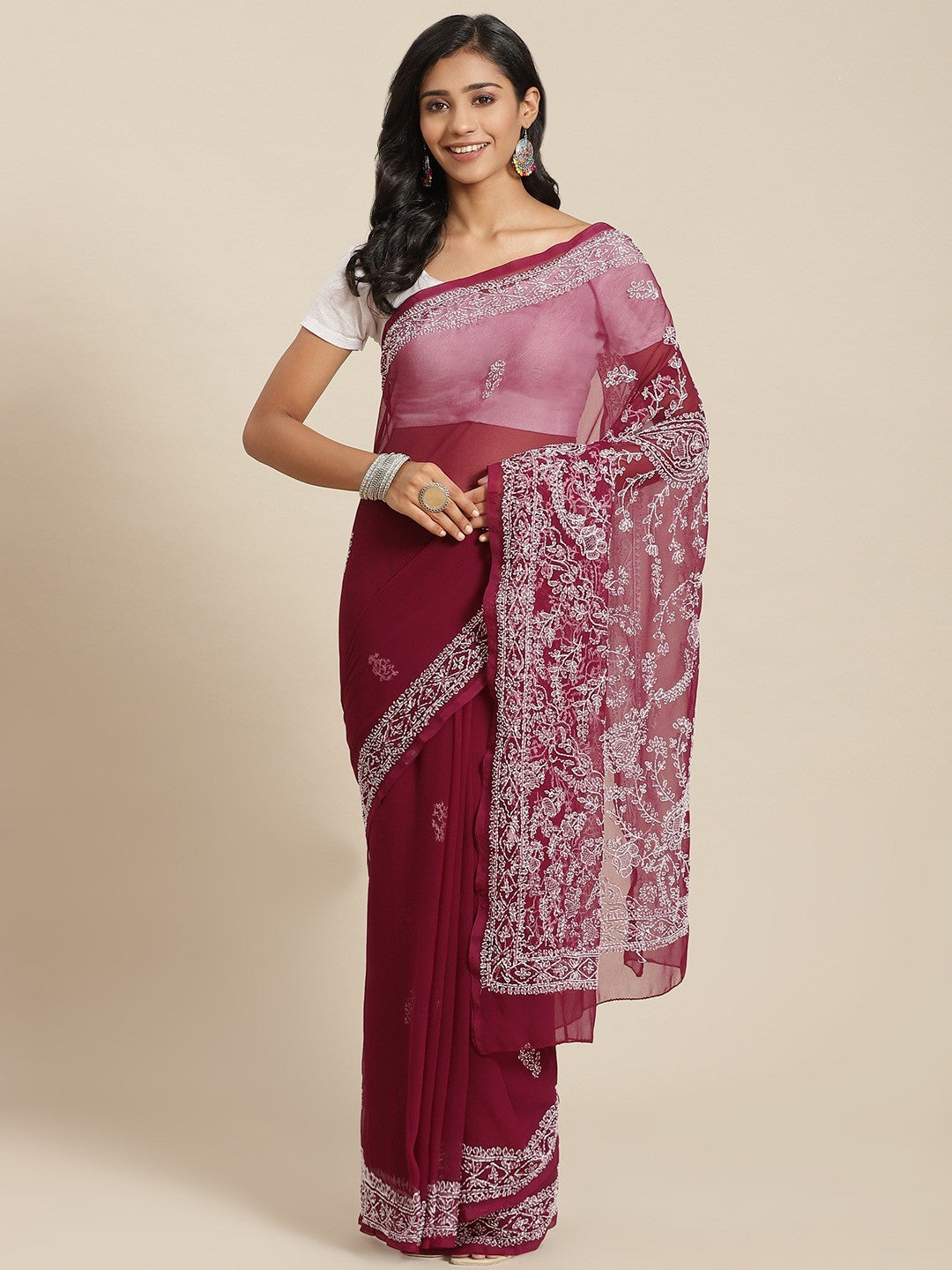 Ada Hand Embroidered Wine Georgette Lucknow Chikan Saree With Blouse-A311346
