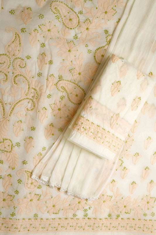 Ada Hand Embroidered Cream Cotton Lucknowi Chikan Unstitched Suit Piece A211114