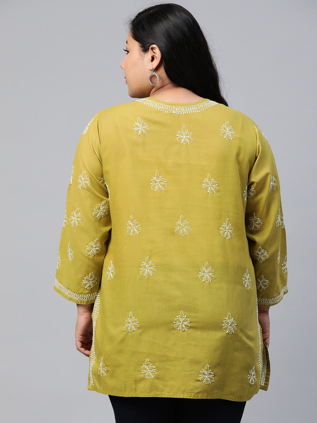 Ada Hand Embroidered Green Cotton Lucknowi Chikankari Short Kurti A210822