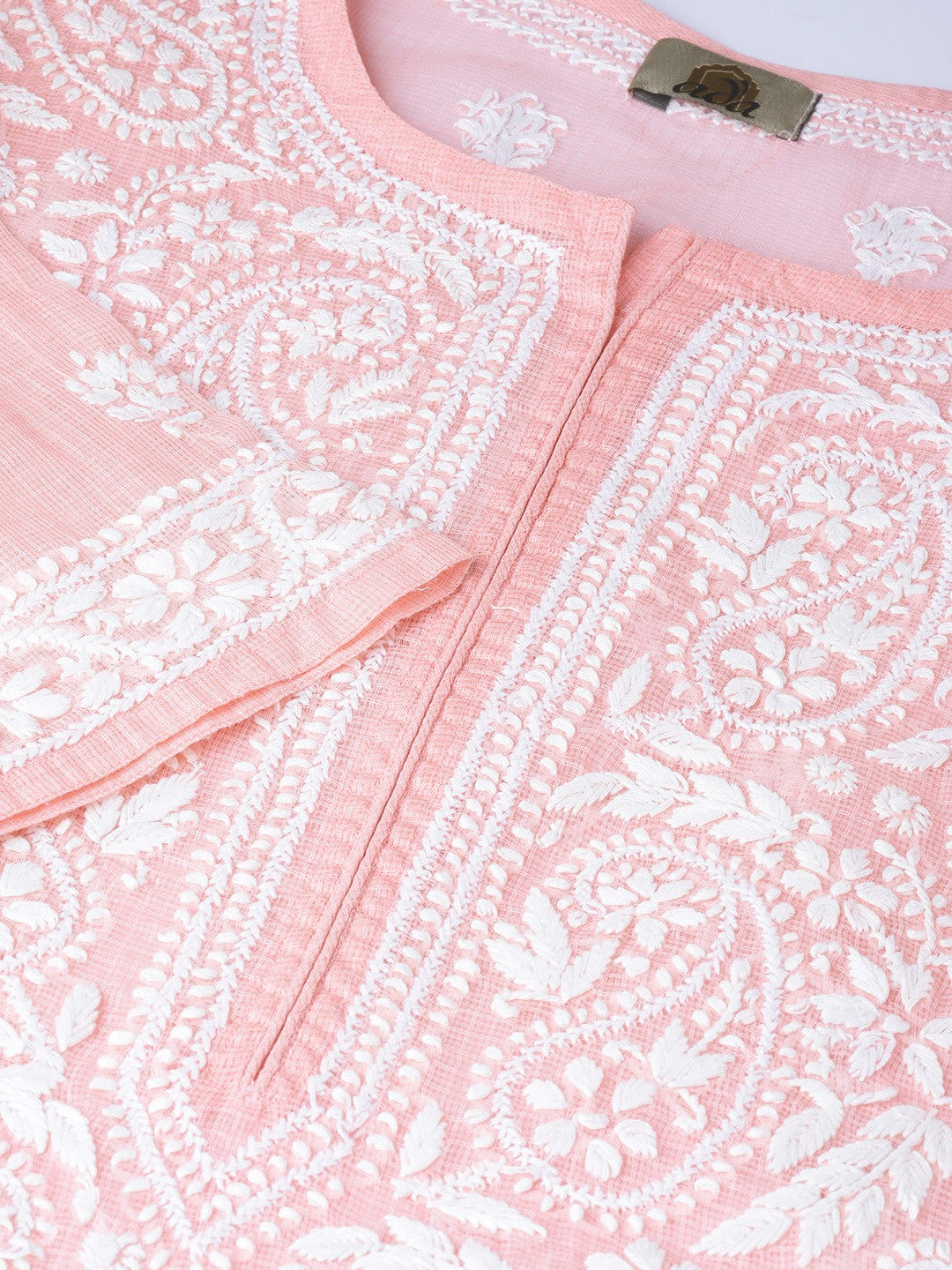 Ada Hand Embroidered Peach Kota Lucknowi Chikankari Straight Kurta With Slip A100119