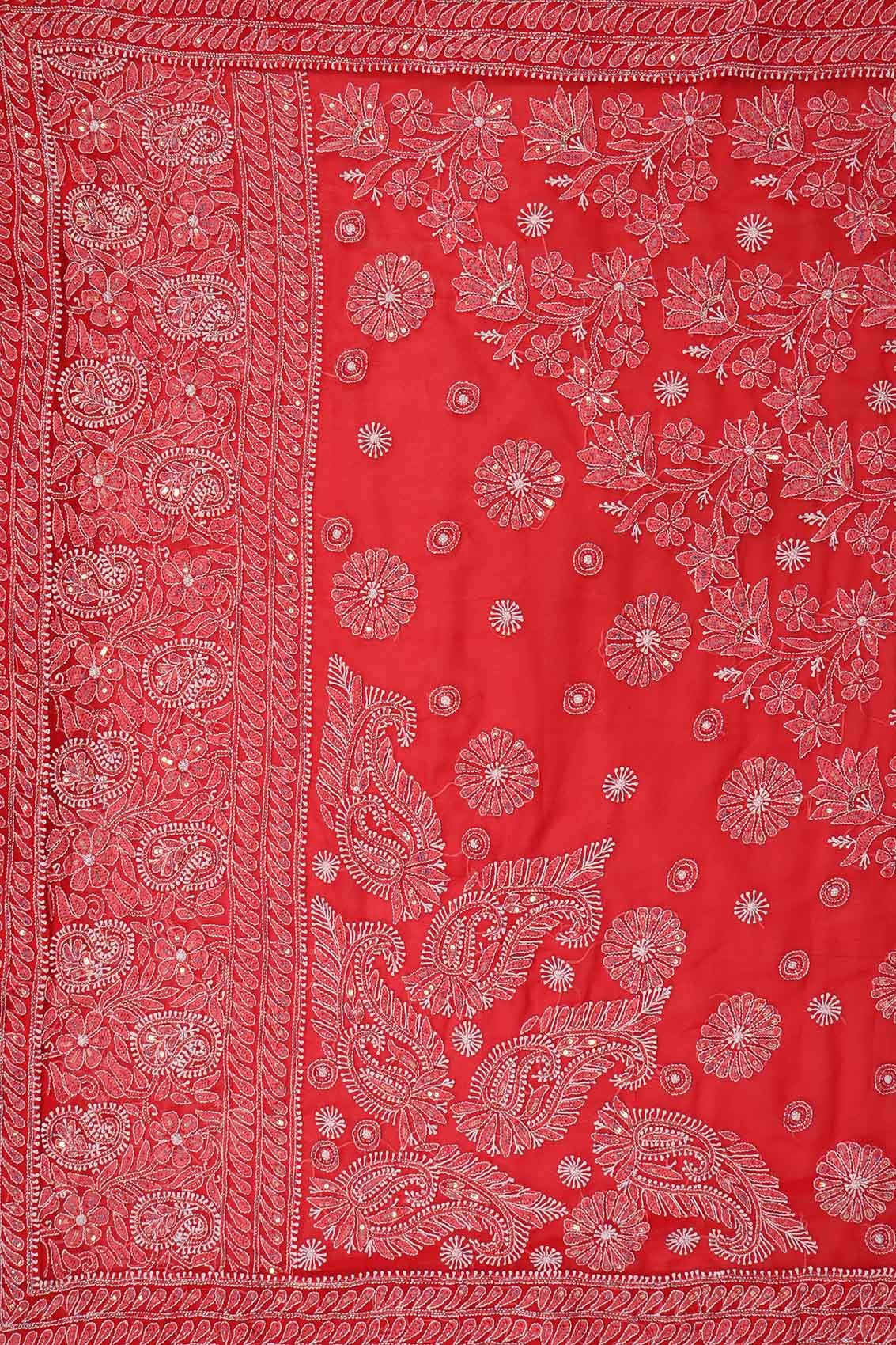 Ada Hand Embroidered Red Georgette Lucknowi Chikankari Saree/Blouse With Sequinned Work 01A137051