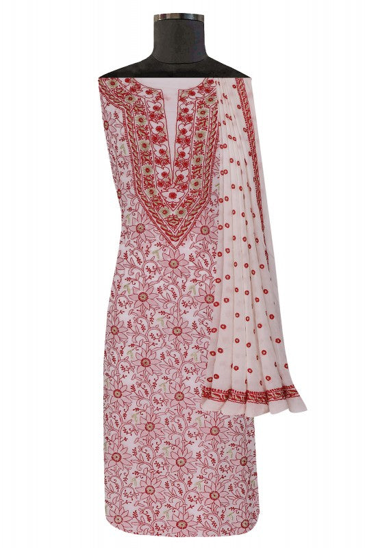 Ada Hand Embroidered White Pure Georgette Lucknowi Chikan Unstitched Kurta Dupatta Set A154970