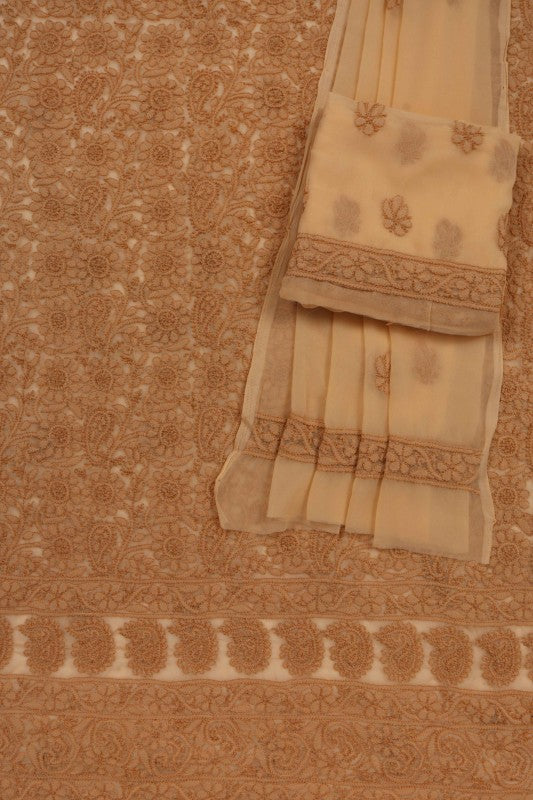 Ada Hand Embroidered Dark Fawn Georgette Lucknowi Chikan Unstitched Suit Piece A608172