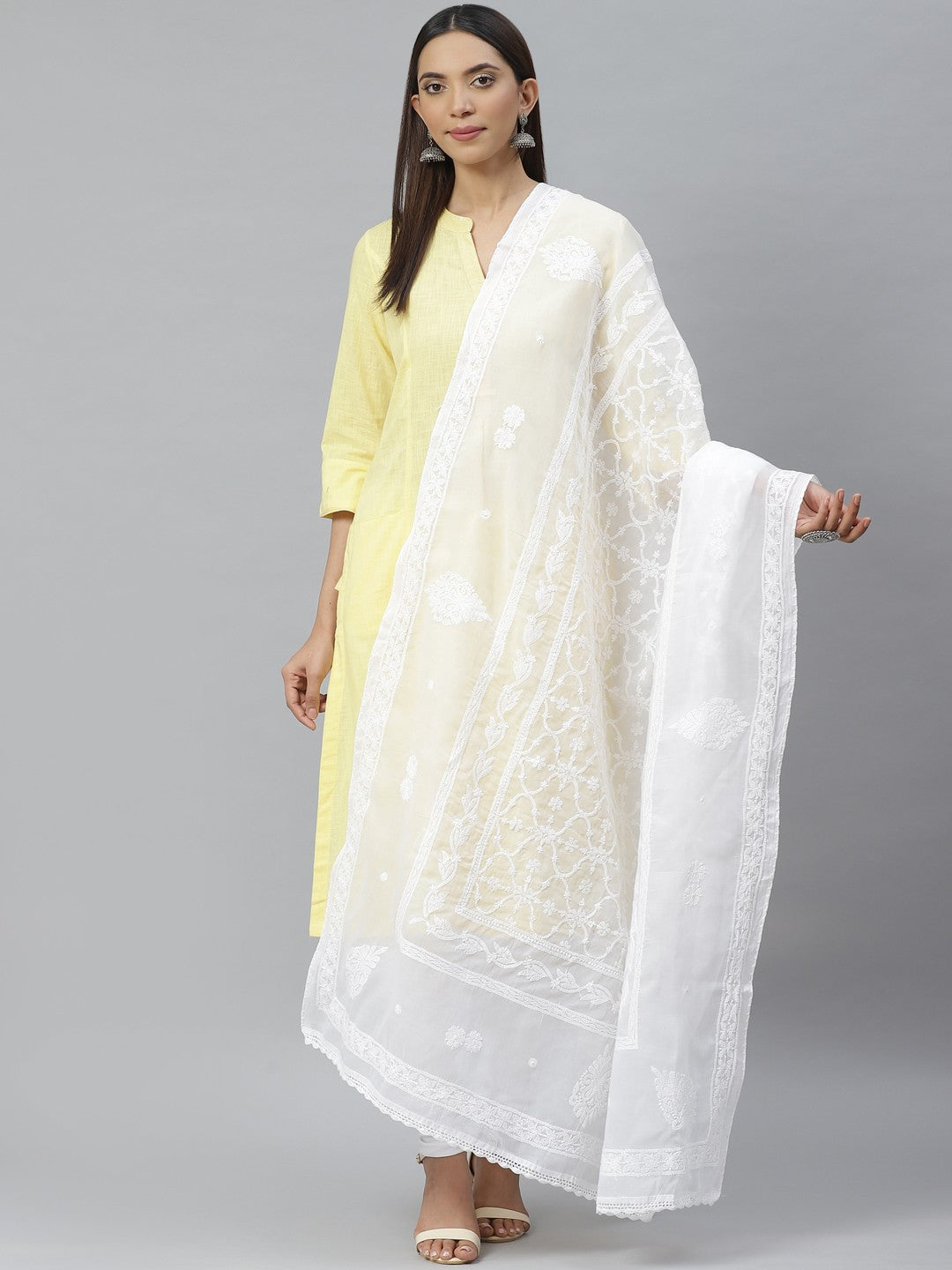 Ada Hand Embroidered White Cotton Lucknowi Chikankari Dupatta A511125