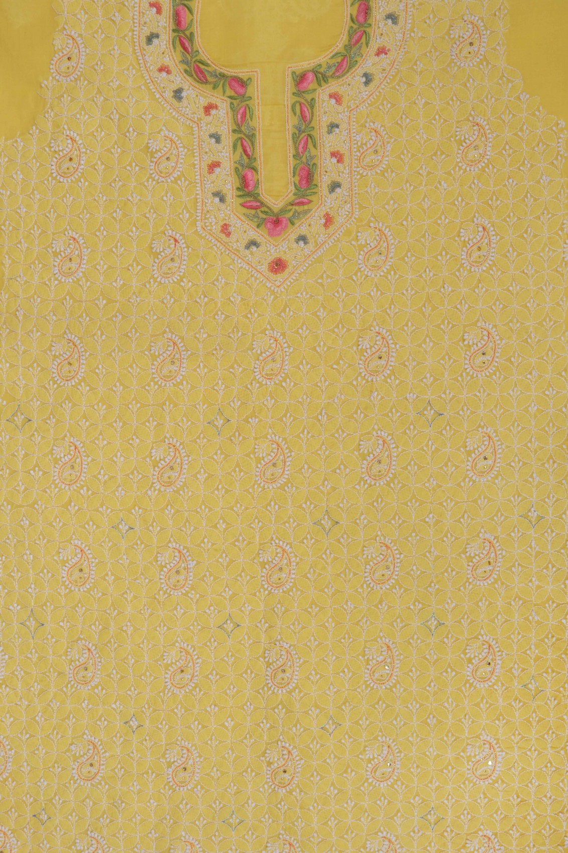Ada Hand Embroidered Yellow Cotton Lucknowi Chikan Unstitched Suit Piece With Muqaish work 01A204436
