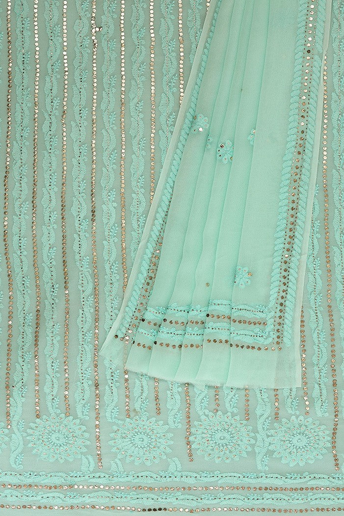 Ada Hand Embroidered Sea Green Pure Georgette Lucknowi Chikan Unstitched Kurta Dupatta Set With Muqaish Work- A561303