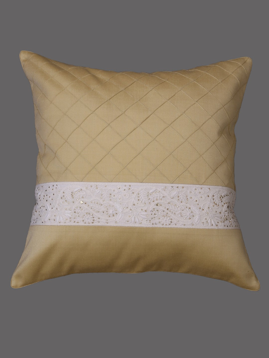 Ada Hand Embroidered Fawn Cotton Lucknowi Chikankari Cushion Cover with Muqaish Work A011108