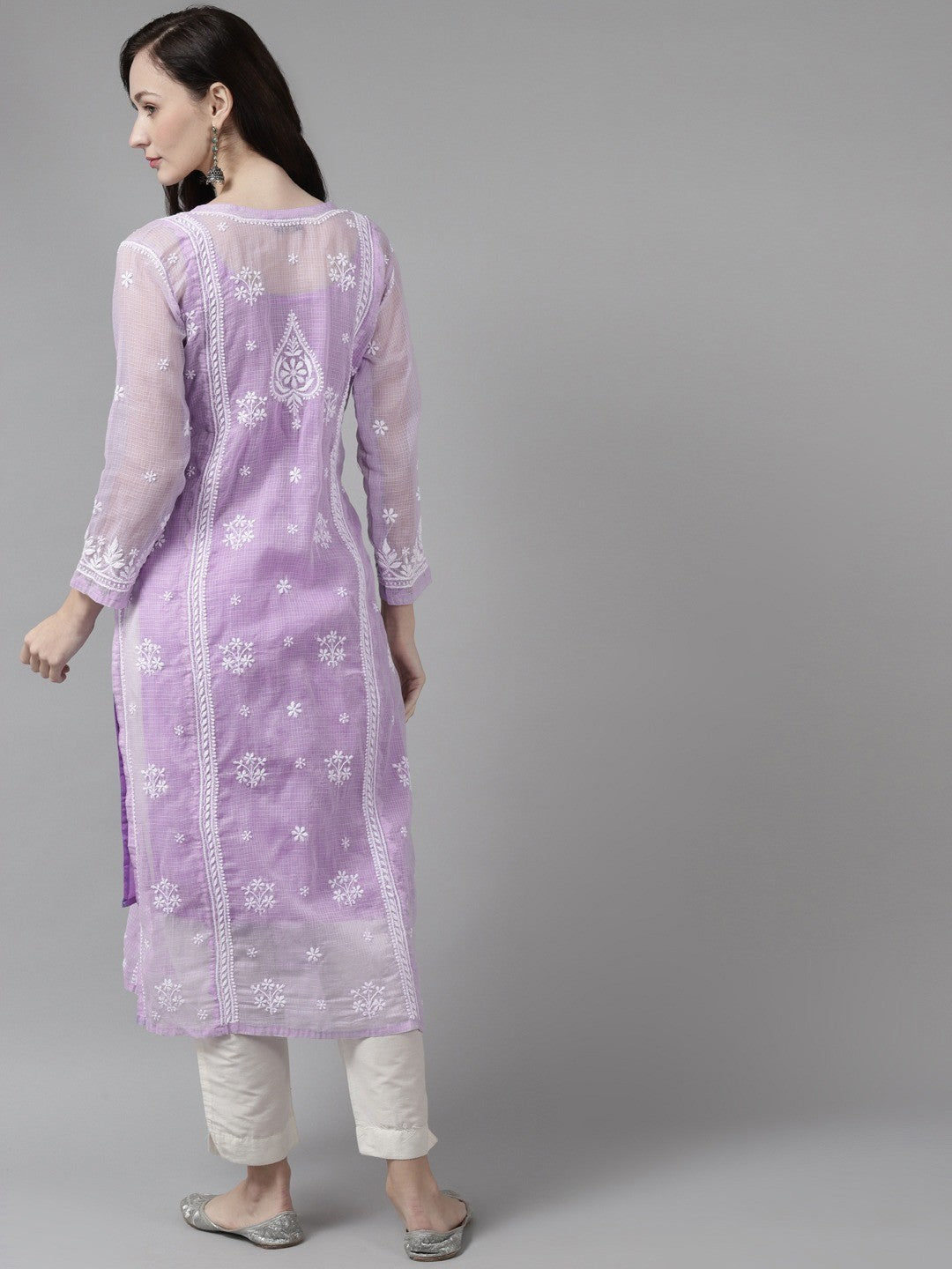 Ada Hand Embroidered Mauve Kota Lucknow Chikankari Kurta With Slip- A411309