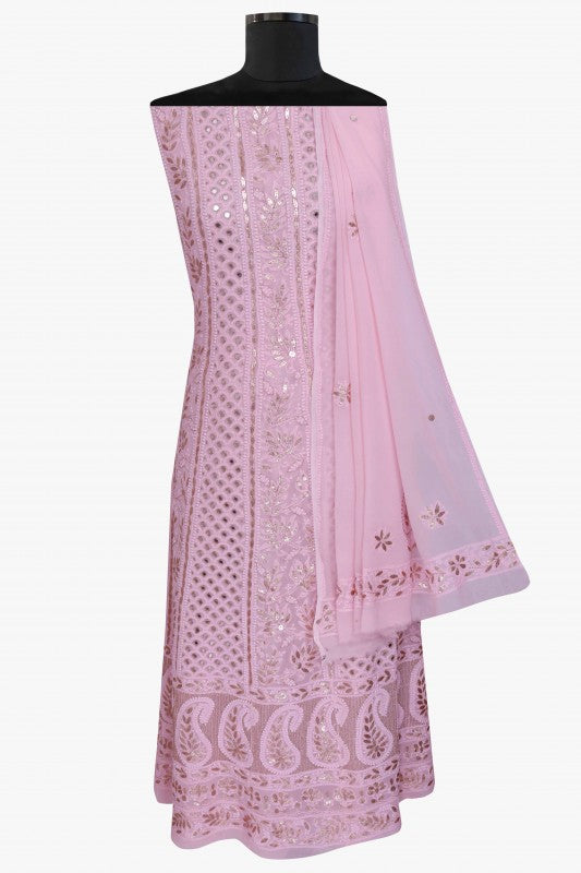 Ada Hand Embroidered Pink Georgette Lucknowi Chikankari Semi-stitched Anarkali Set With Gotapatti work – A610944