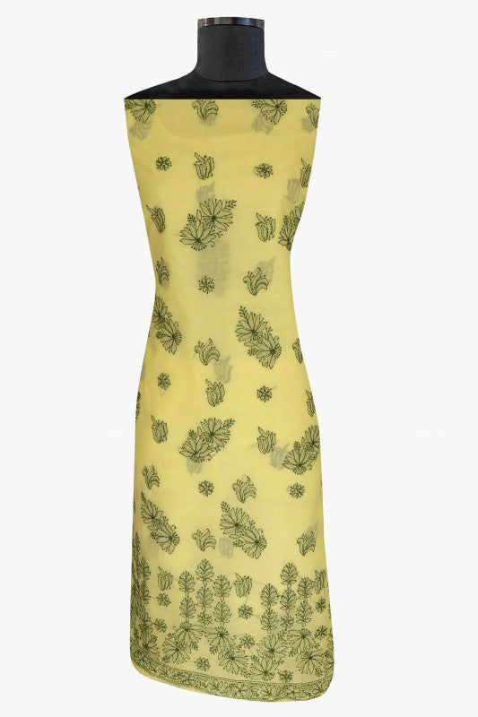 Ada Hand Embroidered Lemon Yellow Cotton Lucknowi Chikan Unstitched Suit Piece-A347815