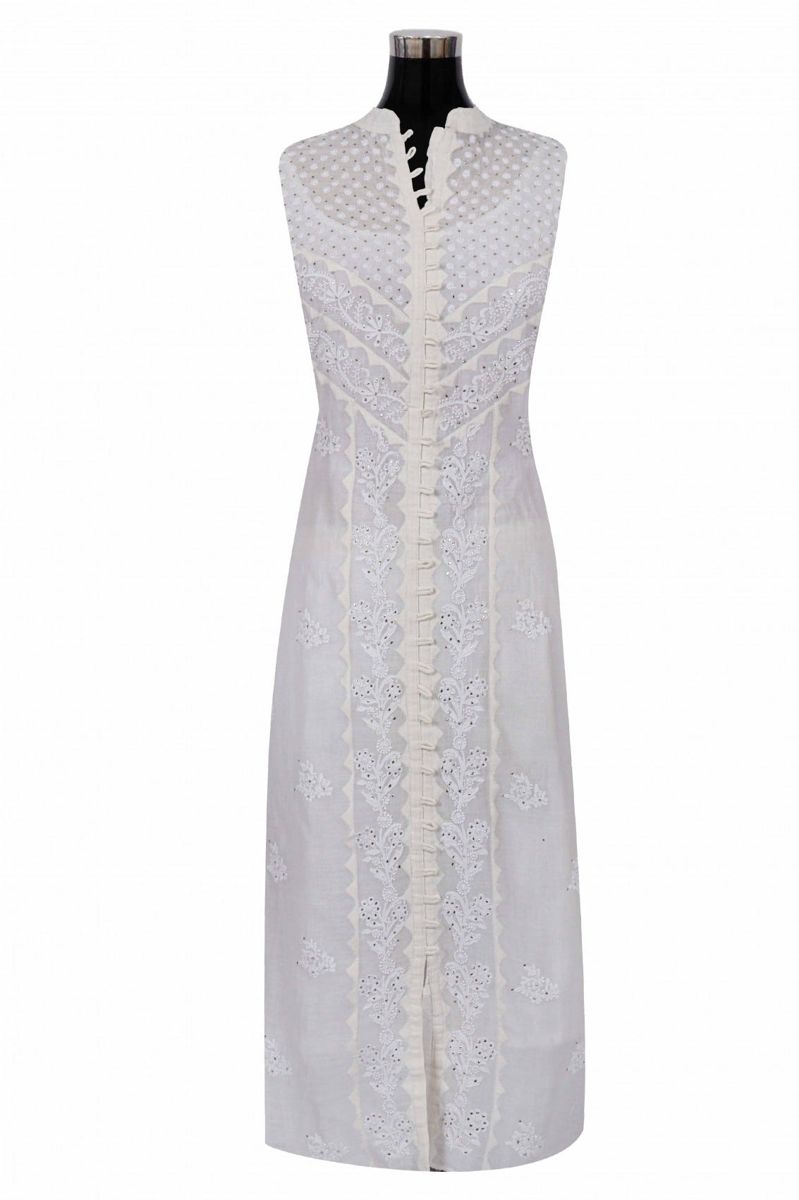 Ada Hand Embroidered Cream Chanderi Lucknowi Chikankari Semi-Stitched Anarkali Kurta Dupatta Set With Muqaish Work A326794