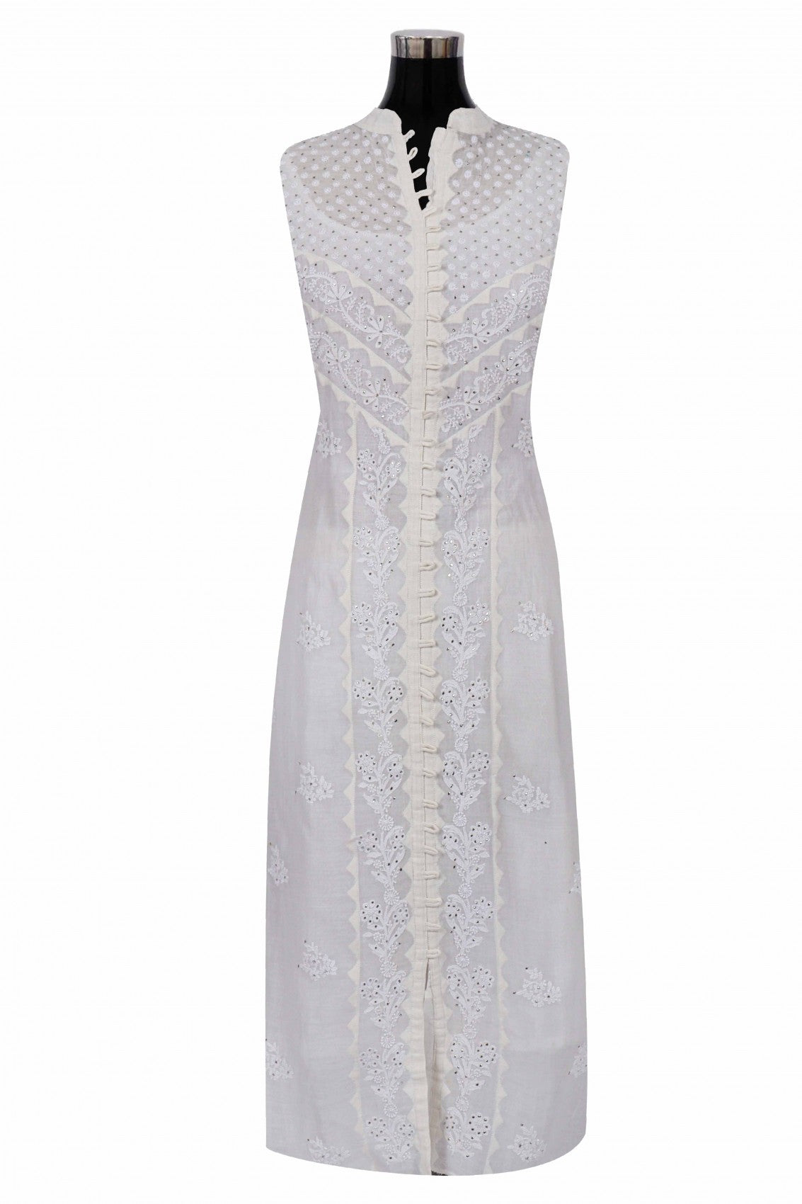 Ada Hand Embroidered Cream Chanderi Lucknowi Chikankari Semi-Stitched Anarkali Kurta Dupatta Set With Muqaish Work A326794