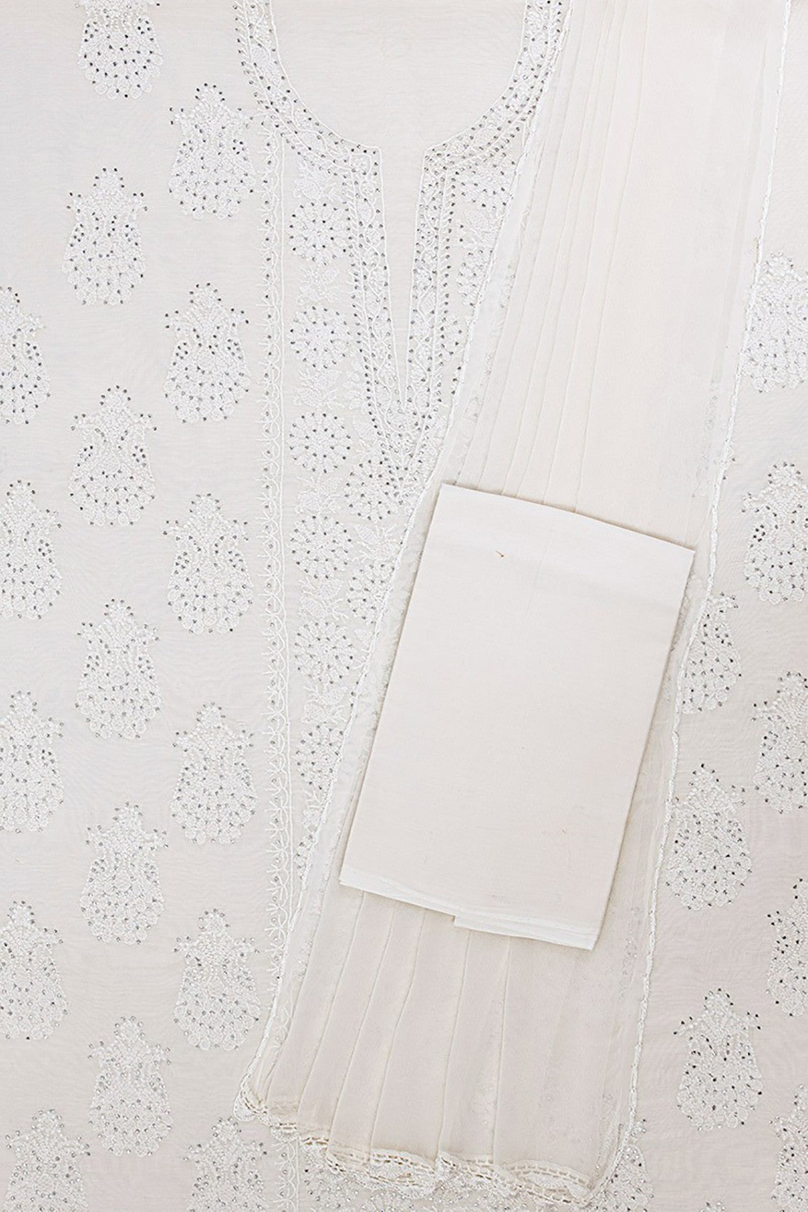 Ada Hand Embroidered Off White Chanderi Lucknowi Chikankari Unstitched Suit Piece With Muqaish Work A604136