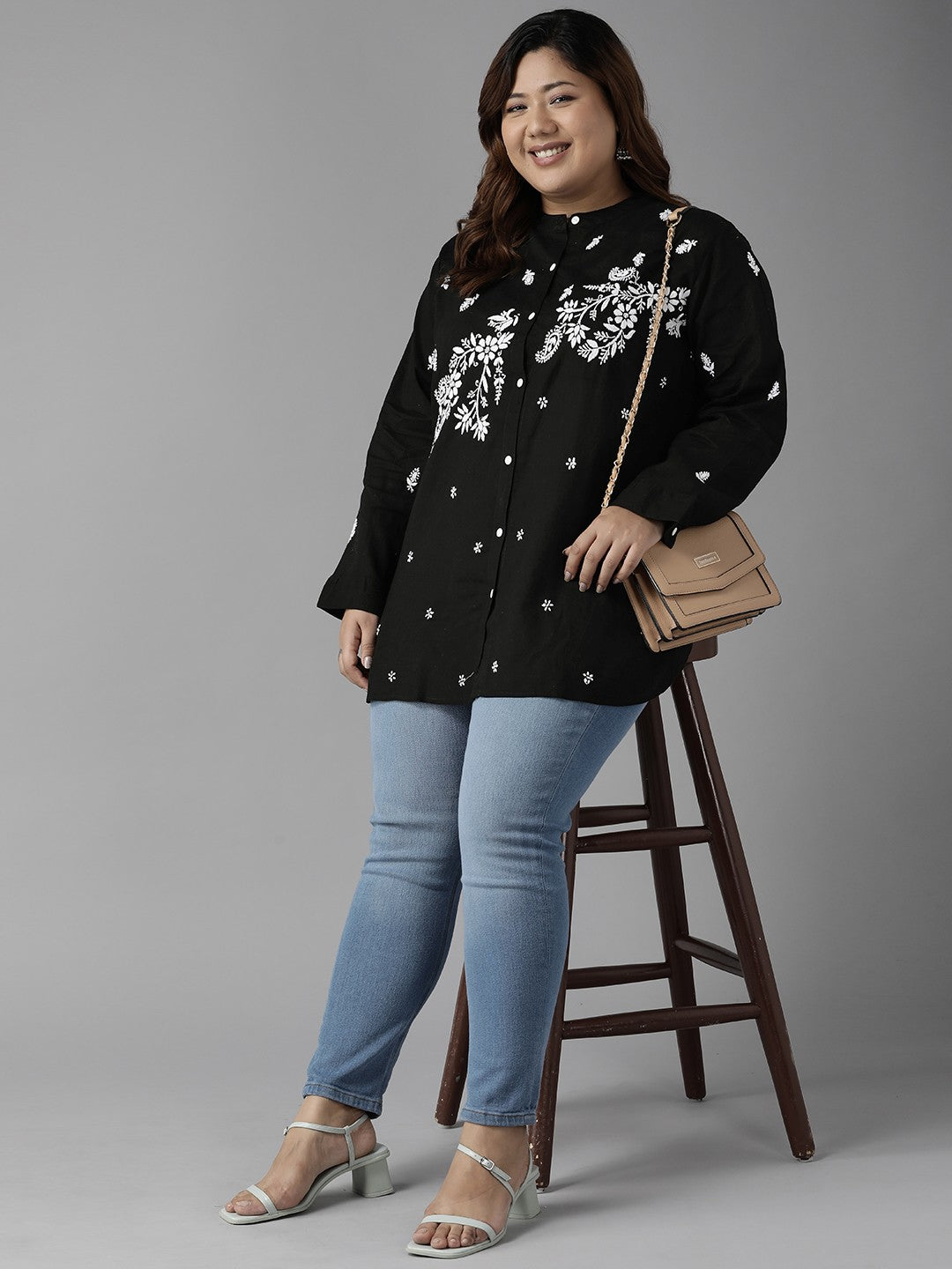 Ada Hand Embroidered Black Cotton Lucknowi Chikankari Short Kurti A911222