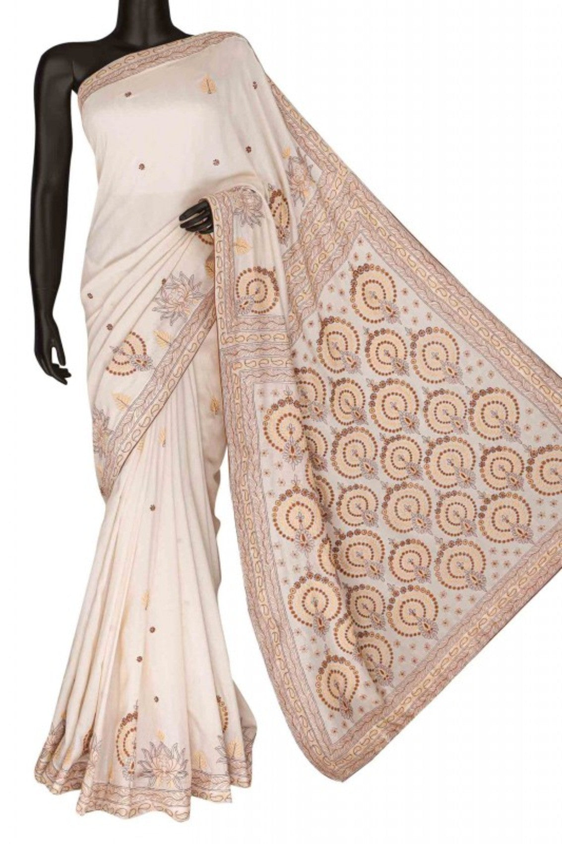 Ada Hand Embroidered Cream Chanderi Lucknowi Chikankari Saree With Blouse A74579