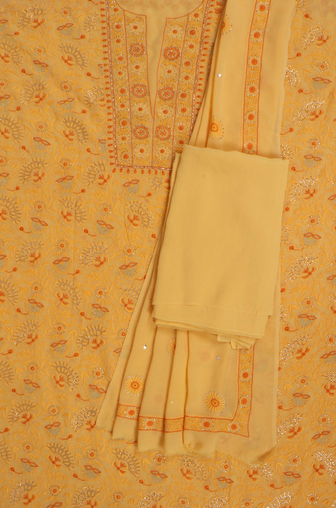 Ada Hand Embroidered Yellow Pure Georgette Lucknowi Chikankari Unstitched Suit Piece With Muqaish Work 01A157718