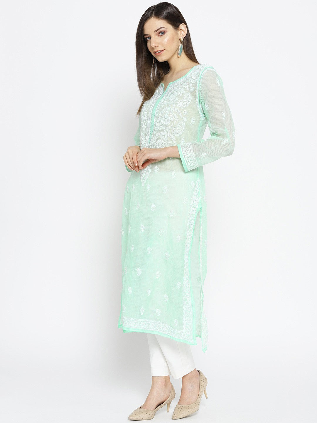 Ada Hand Embroidered Sea Green Kota Lucknow Chikankari Straight Kurta With Slip A100120