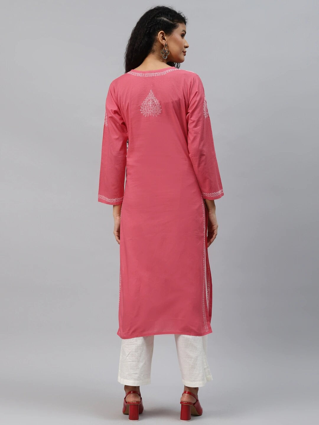 Ada Hand Embroidered Carrot Pink Cotton Lucknow Chikankari Kurta A207902