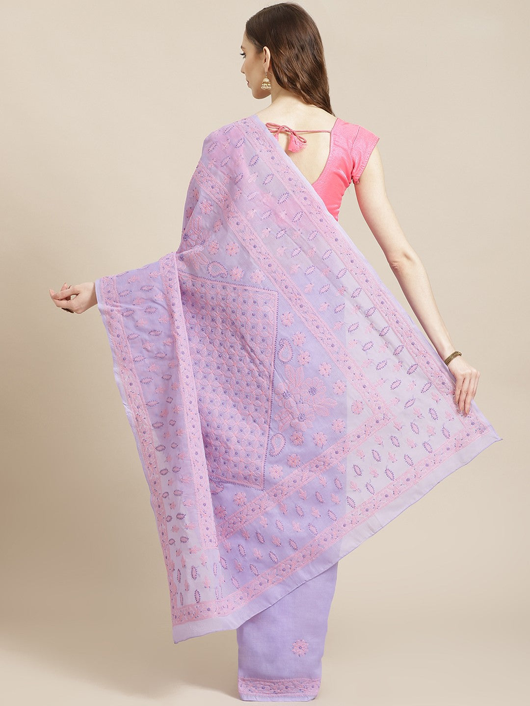 Ada Hand Embroidered Mauve Cotton Lucknow Chikan Saree With Blouse-A311213