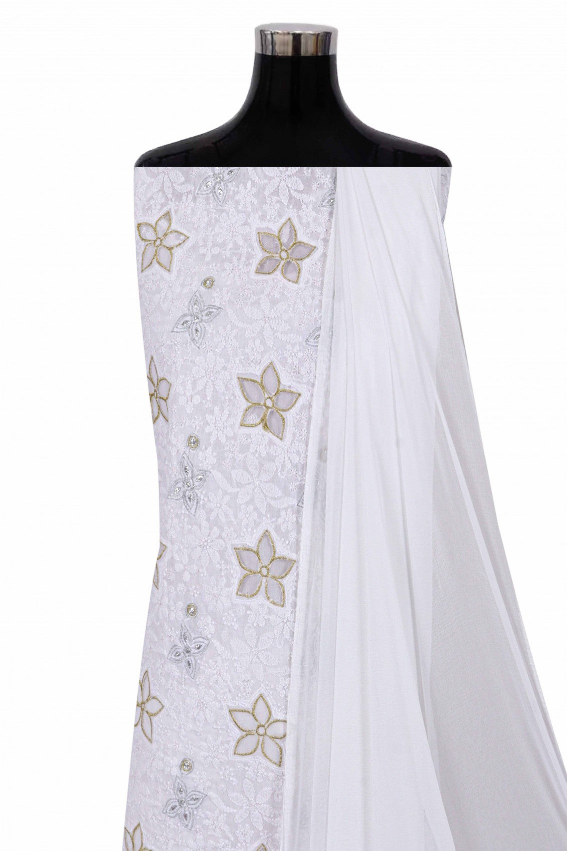 Ada Hand Embroidered White Cotton Lucknowi Chikankari Unstitched Suit Piece With Lurex Work 01A214031