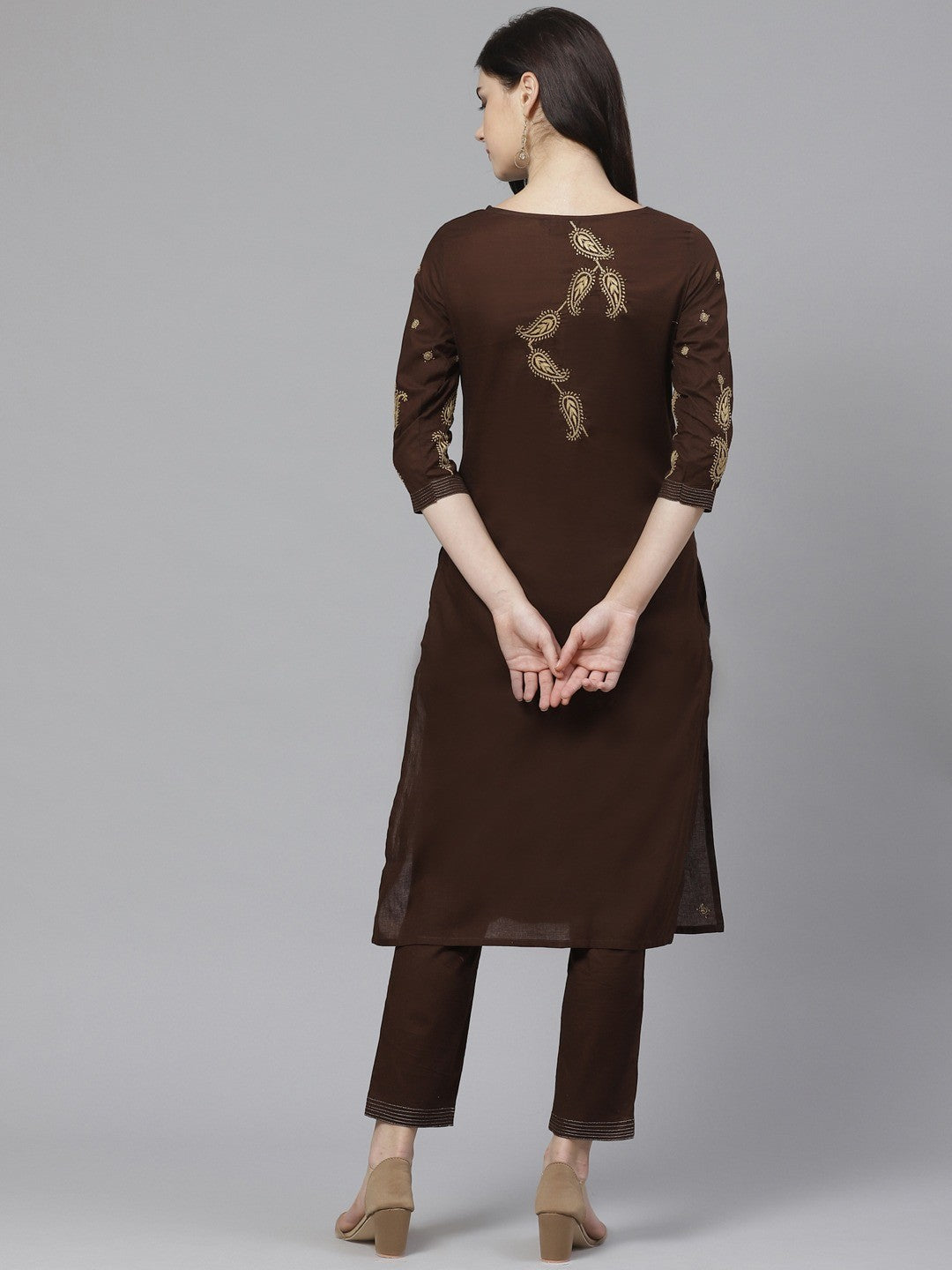 Ada Hand Embroidered Brown Cotton Lucknowi Chikankari Kurta/Trouser Set with Muqaish Work A100328