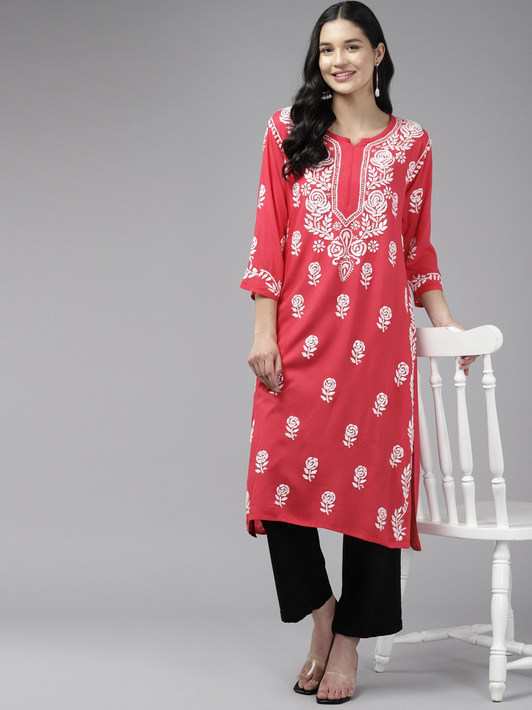Ada Hand Embroidered Carrot Pink Rayon Lucknowi Chikankari Straight Kurta A411431