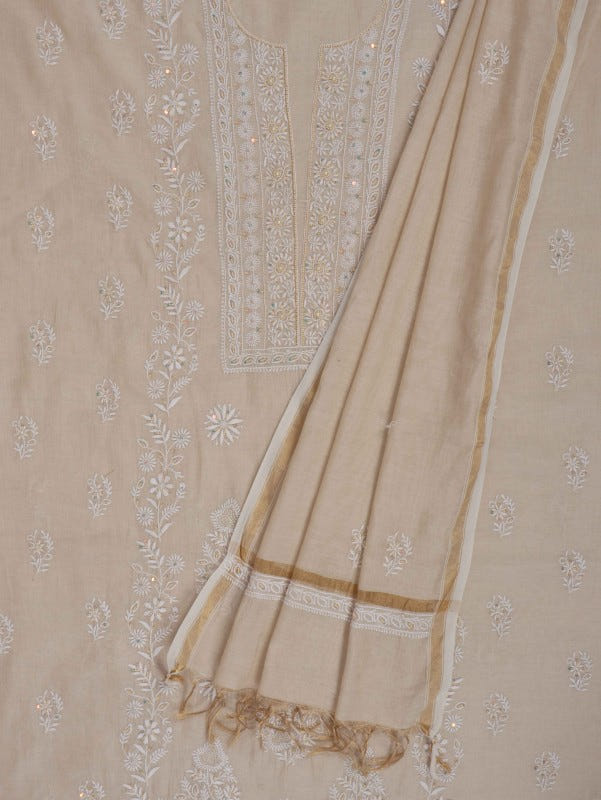 Ada Hand Embroidered Natural Fawn Tissue Lucknowi Chikankari Unstitched Kurta Dupatta Set With Pearl Work 01A193516