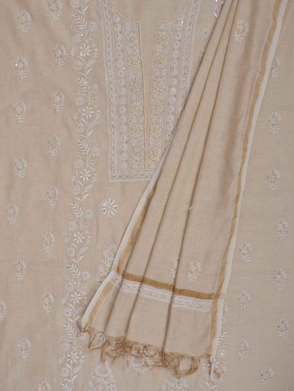 Ada Hand Embroidered Natural Fawn Tissue Lucknowi Chikankari Unstitched Kurta Dupatta Set With Pearl Work 01A193516