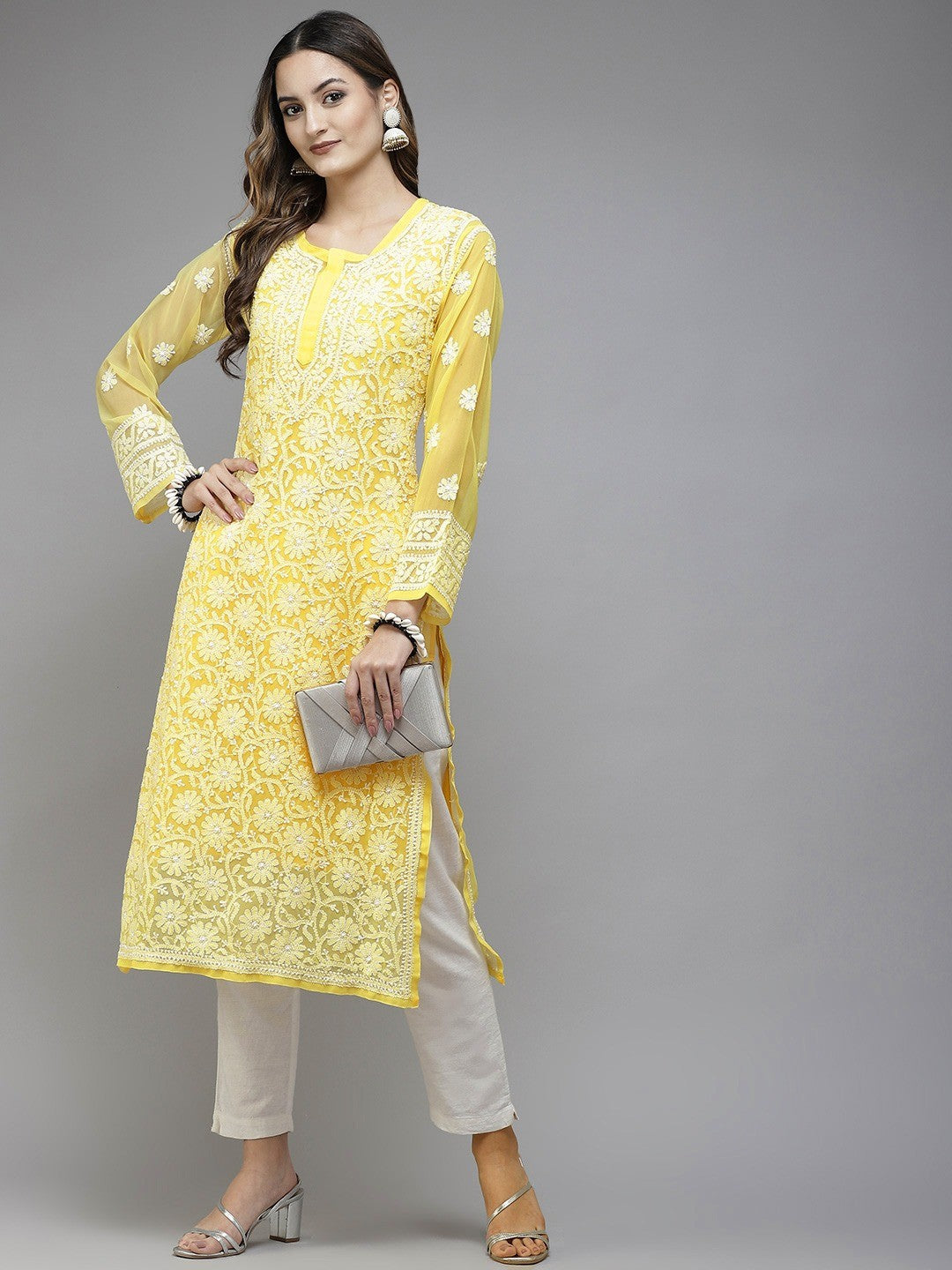 Ada Hand Embroidered Yellow Georgette Lucknowi Chikankari Straight Kurta With Slip A158875
